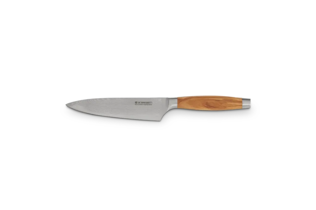 [98000315000200] Le Creuset koksmes 15cm damast lemmet olijfhout