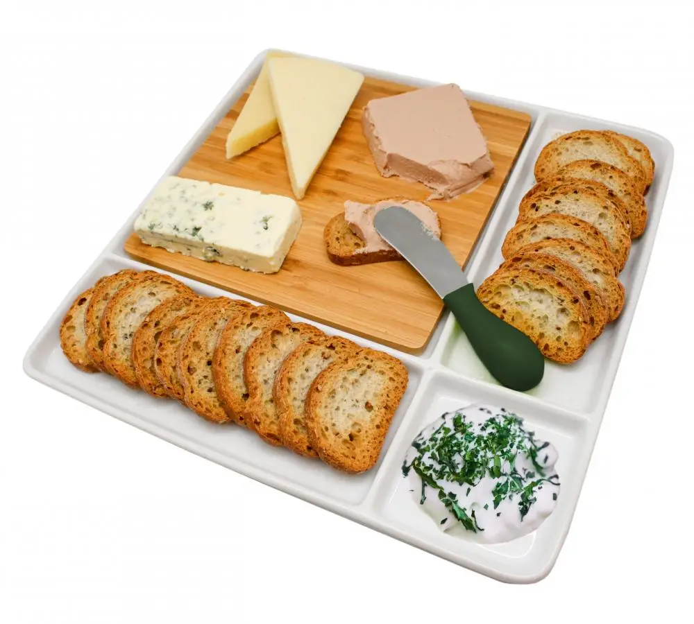 Serveerbord porselein 29cm met bamboe snijplank