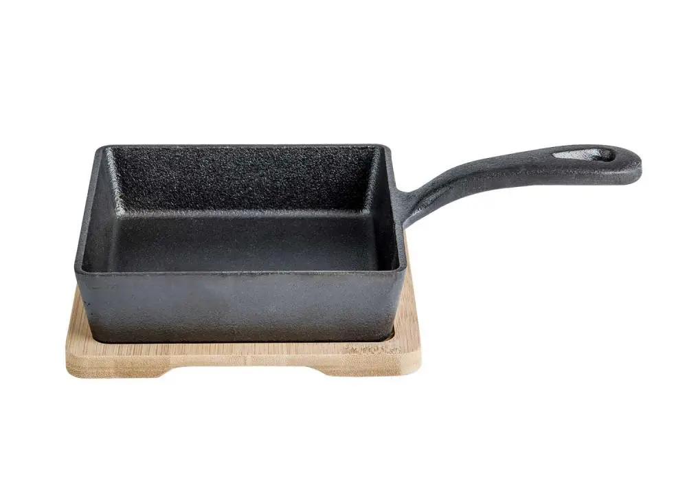 Gietijzer gratinschaal vierkant met steel 13x13xH3 coated bamboo tray