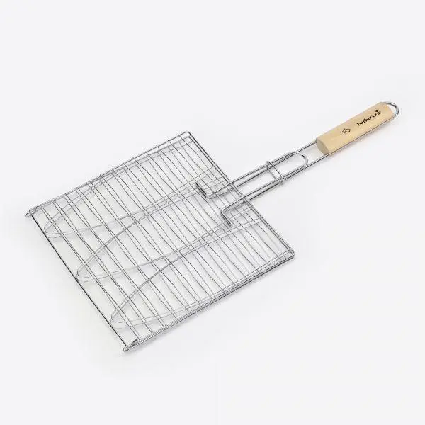 Barbecook visgrill voor 3 vissen uit chroom en hout 28x28cm
