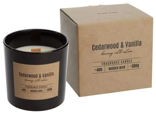 Geurkrans zwart glas 40u D10xH10cm houten wiek-cedarwood vanilla