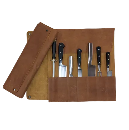 [buffel-021] Buffel lederen messenrol voor 7 messen, cognac
